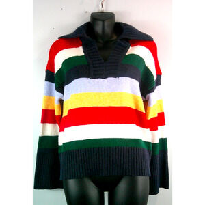 Women's Free Assembly Striped V-Neck Collared Sweater Multicolor Small